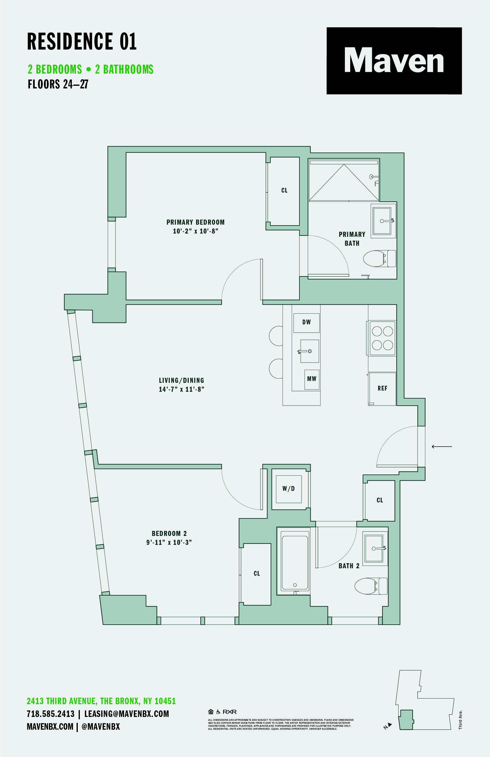 Floor plan for 2 beds, 2 baths
